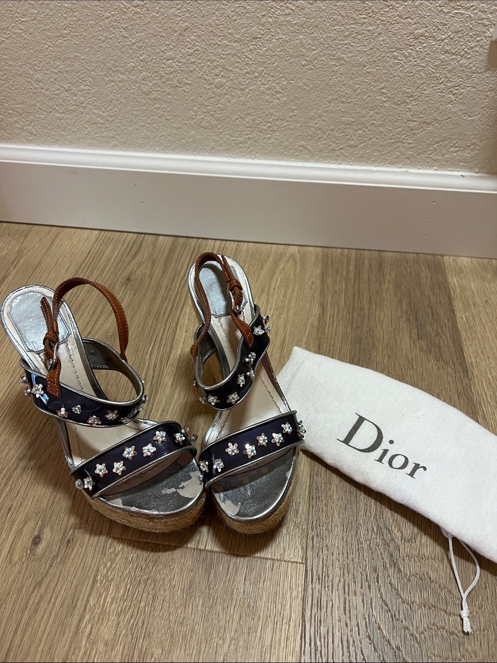Limited edition Christian Dior Navy Crystal Floral Slingback Wedge Sandals